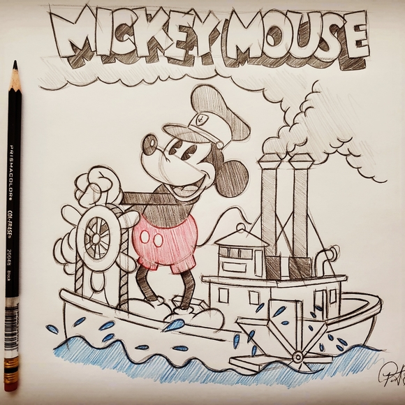 Disney Mickey Mouse Steamboat Willie color Drawing/Sketch signed art - Picture 4 of 5